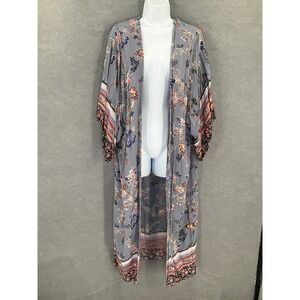 ANGIE Women's Sz L Gray Floral Print Long Kimono‎ Cardigan Duster Bohemian
